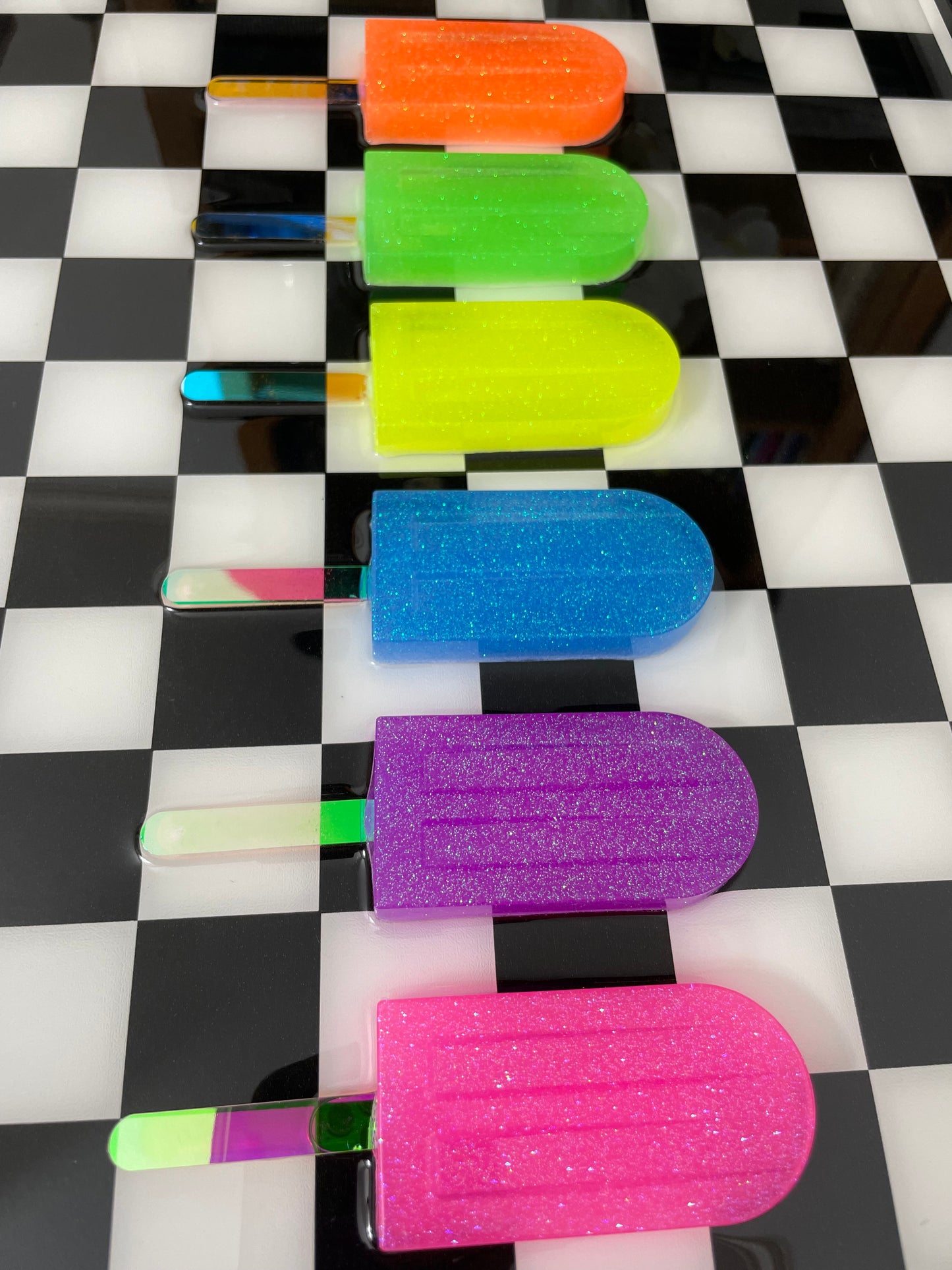 Neon Glitter Popsicles 3D Resin on Check Framed Art - 6 Pops
