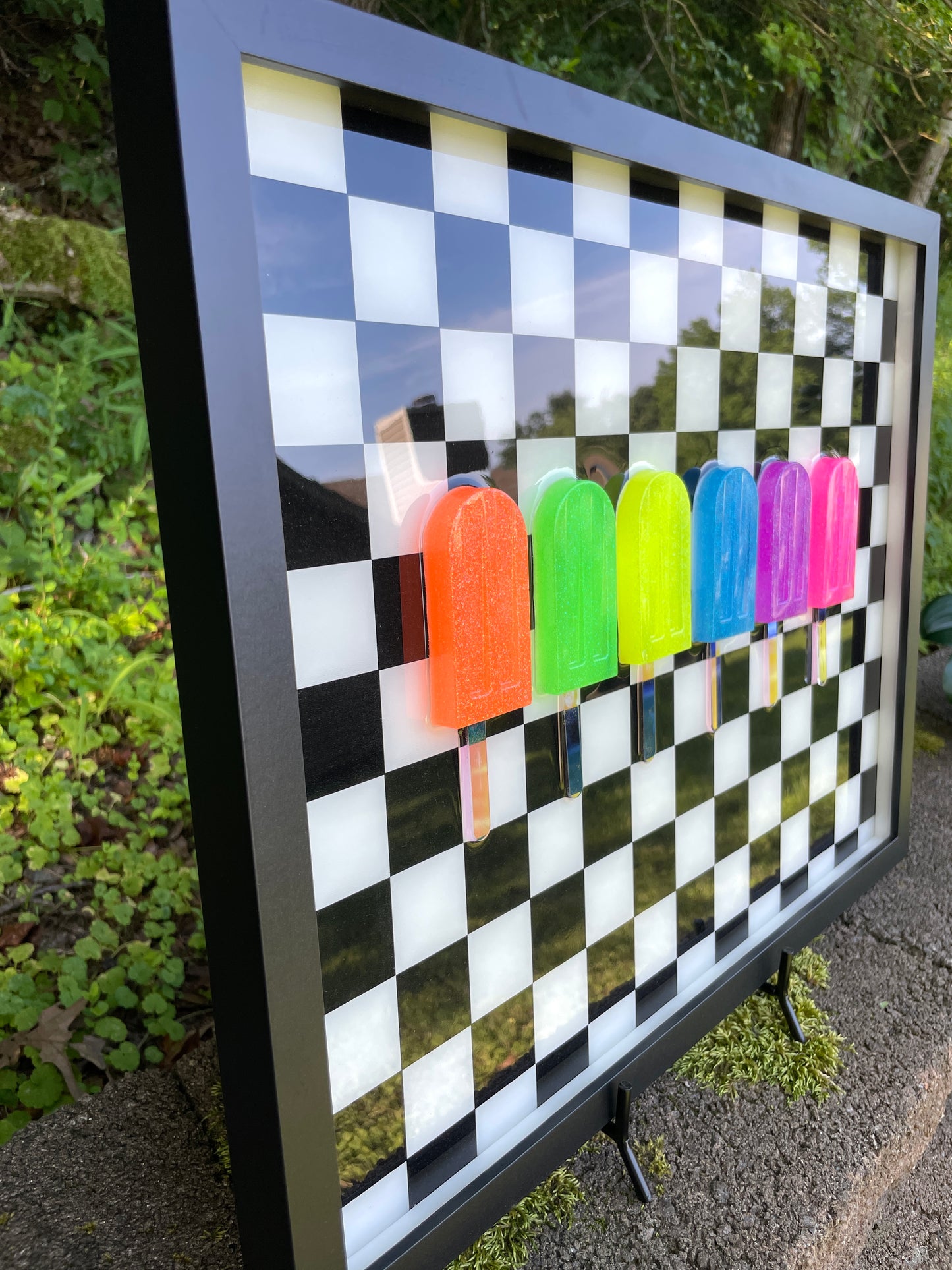 Neon Glitter Popsicles 3D Resin on Check Framed Art - 6 Pops