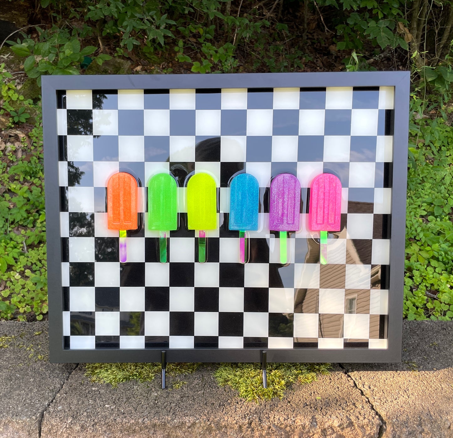 Neon Glitter Popsicles 3D Resin on Check Framed Art - 6 Pops