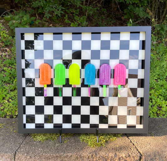 Neon Glitter Popsicles 3D Resin on Check Framed Art - 6 Pops