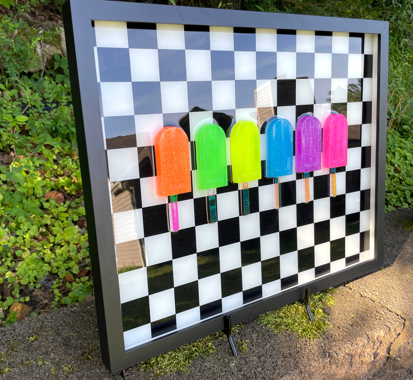 Neon Glitter Popsicles 3D Resin on Check Framed Art - 6 Pops
